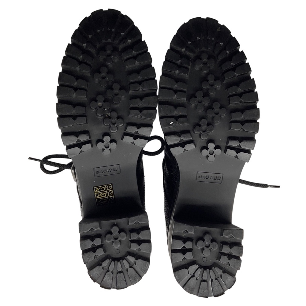 MIU MIU BLACK LACE UP GRAINED LEATHER HEELED BIKER ANKLE BOOTS - Picture 8 of 9
